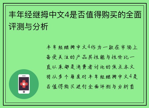 丰年经继拇中文4是否值得购买的全面评测与分析